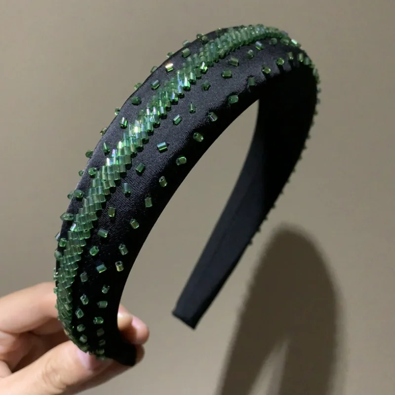 French Hand Sewn Green Crystal Bead Hairband Hair Hoops for Women Sweet Headband Party Headwear Wedding Hair Accessories Jewelry