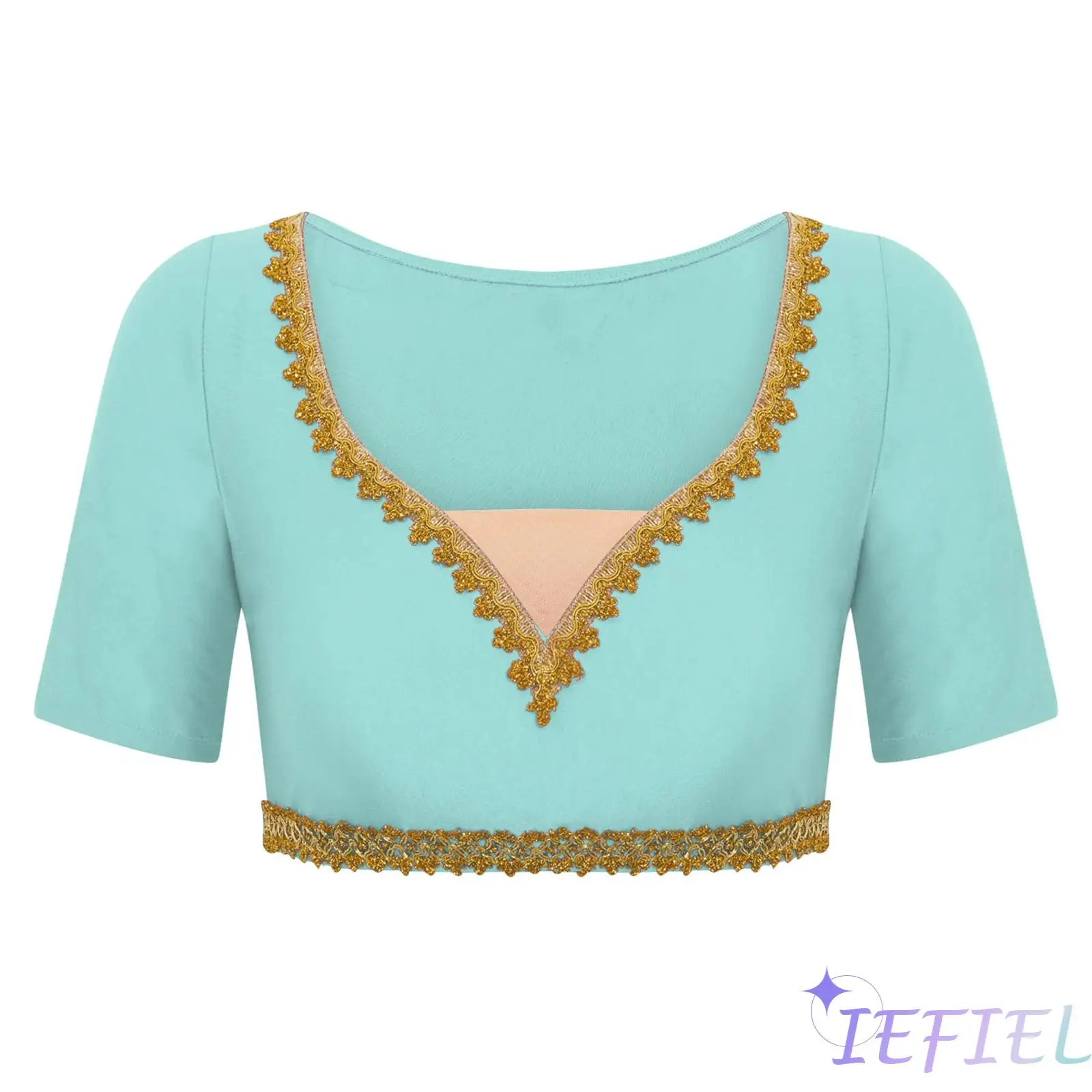 

Fashion Womens Belly Dance Crop Top Gold Trim V Neck Short Sleeve Slim-fit Crop Blouse Dance Costume for India Dance Folk Dance