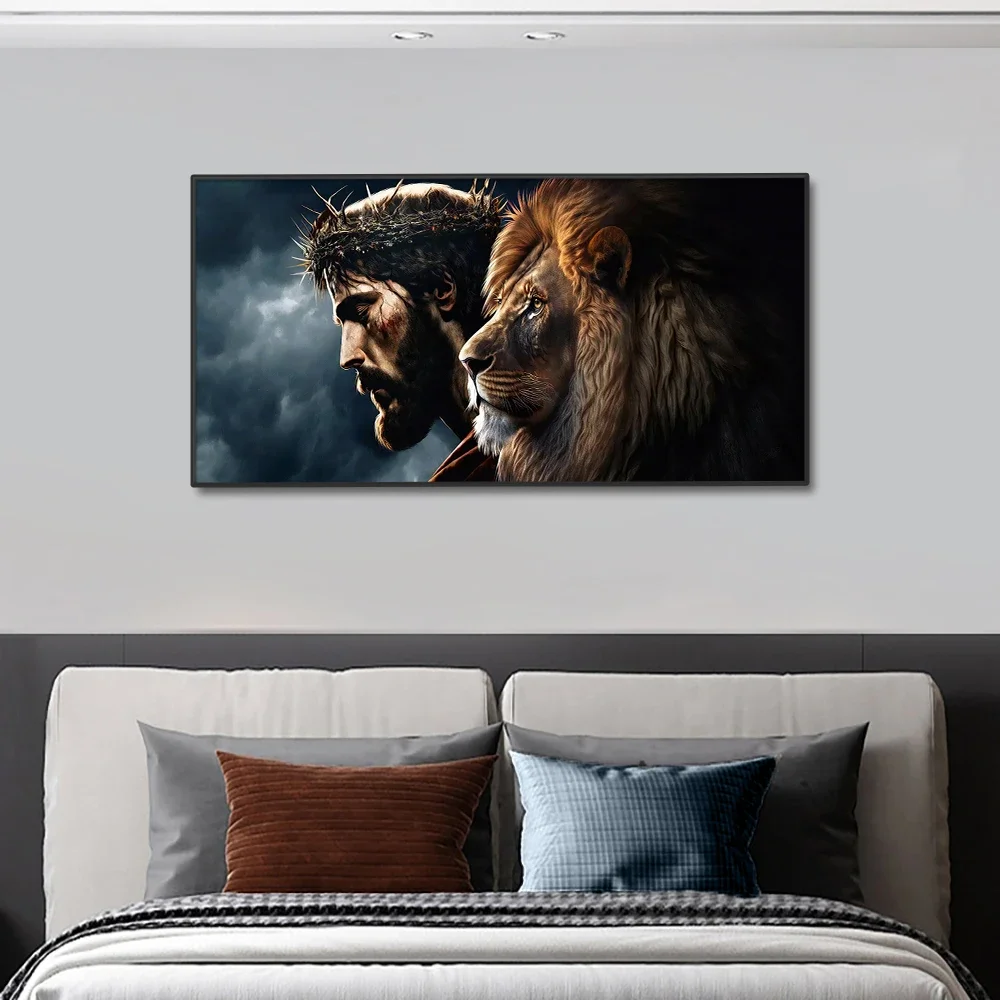 لوحة فنية جدارية للوجه من God Jesus Christ and Lion، ملصق مطبوع على القماش عالي الدقة، مناسب للمنزل، غرفة المعيشة، لوحة تزيين الغرفة