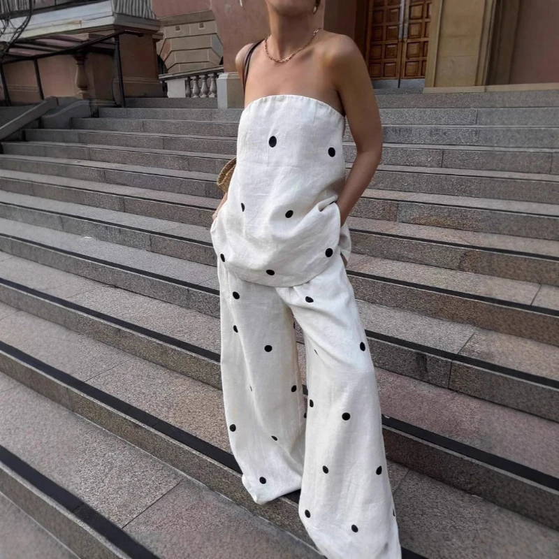 

Black polka dot sleeveless strapless top, wide leg pants set, cross-border casual wide truffle back vacation two-piece set