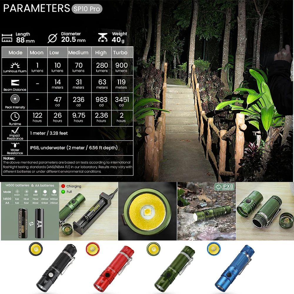 Sofirn SP10 Pro Powerful 900lm EDC Flashlight LH351D LED Torch Rechargeable 14500 AA Mini Portable Tactical Lantern Anduril 2.0