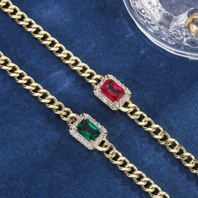 

Elegant Emerald & Ruby Bracelet, 6x8mm Rectangular Center Stones, Stunning Imitation Gemstones, Luxurious Jewelry Gift