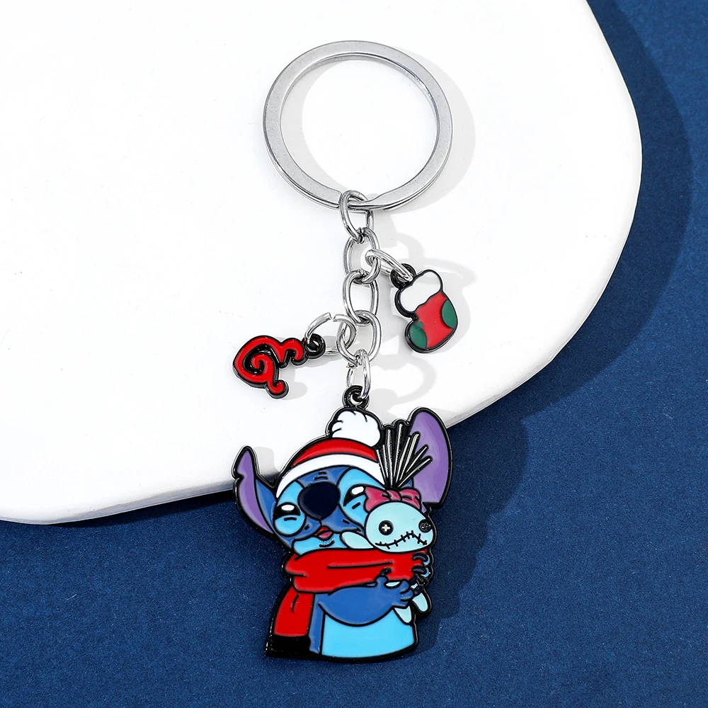 Christmas Stitch Metal Keychain Disney Cartoon Lilo & Stitch Enamel Pendant Key Chain for Bag Ornament Keyrings Car Key Holder