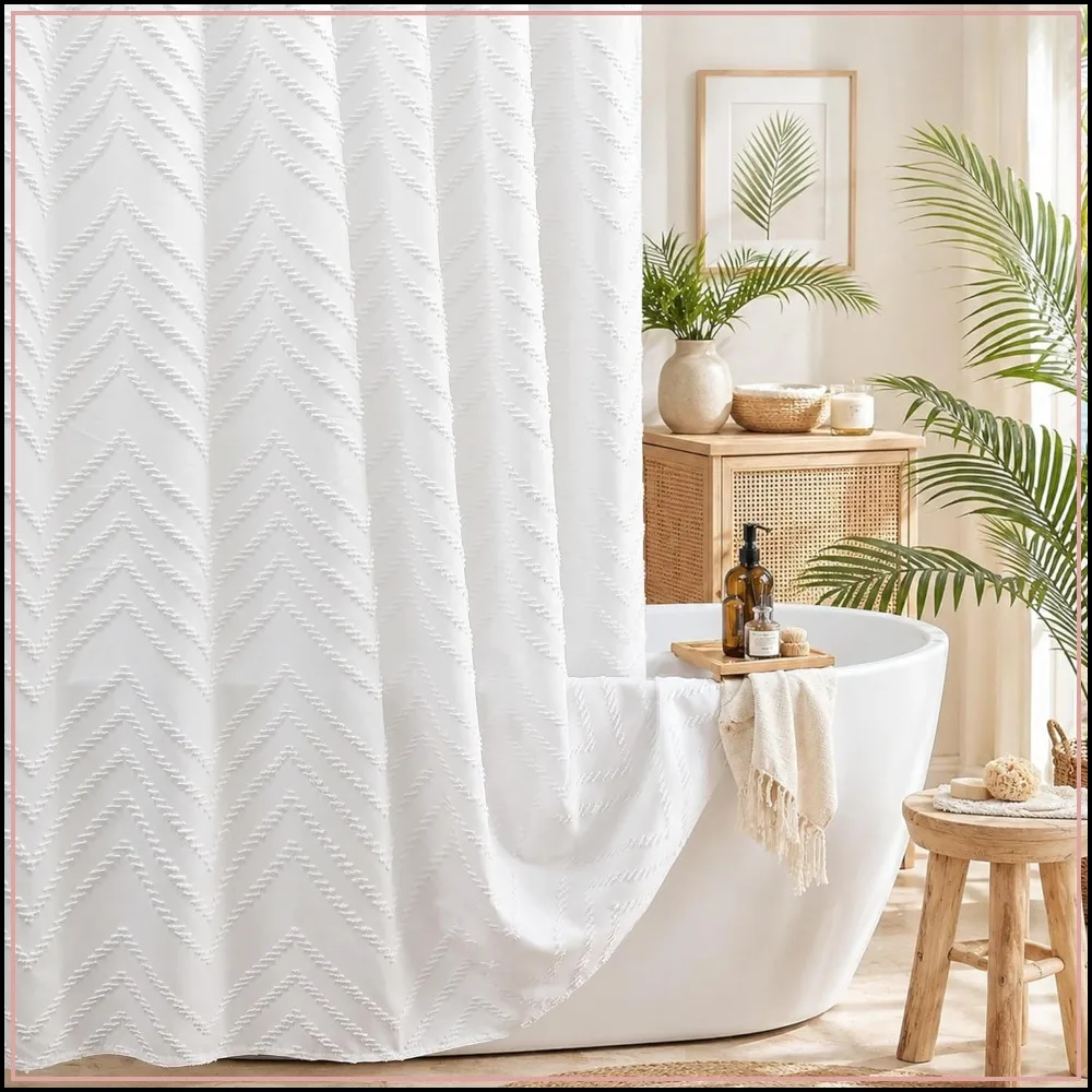 

White Boho Fabric Shower Curtain 72x72 Inches, Modern Shabby Chic Textured Chevron Striped Minimalist Cloth Bathroom