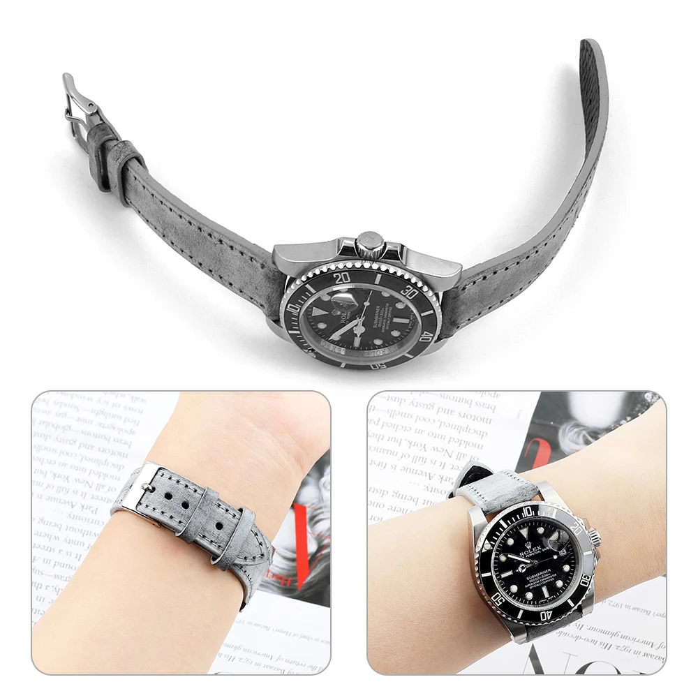 Oil Wax Leather Watch Strap 16mm 17mm 18mm 19mm 20mm 23mm 24mm Retro Watchband Grey White Handmade Watchband Accessories