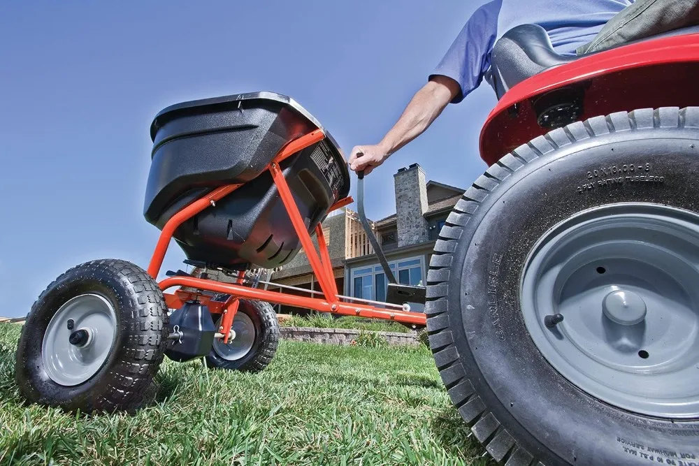 Tow-Behind Lawn & Garden Broadcast Spreader for Seed,Fertilizer,Salt,Ice Melt; Easy to use Flow Control