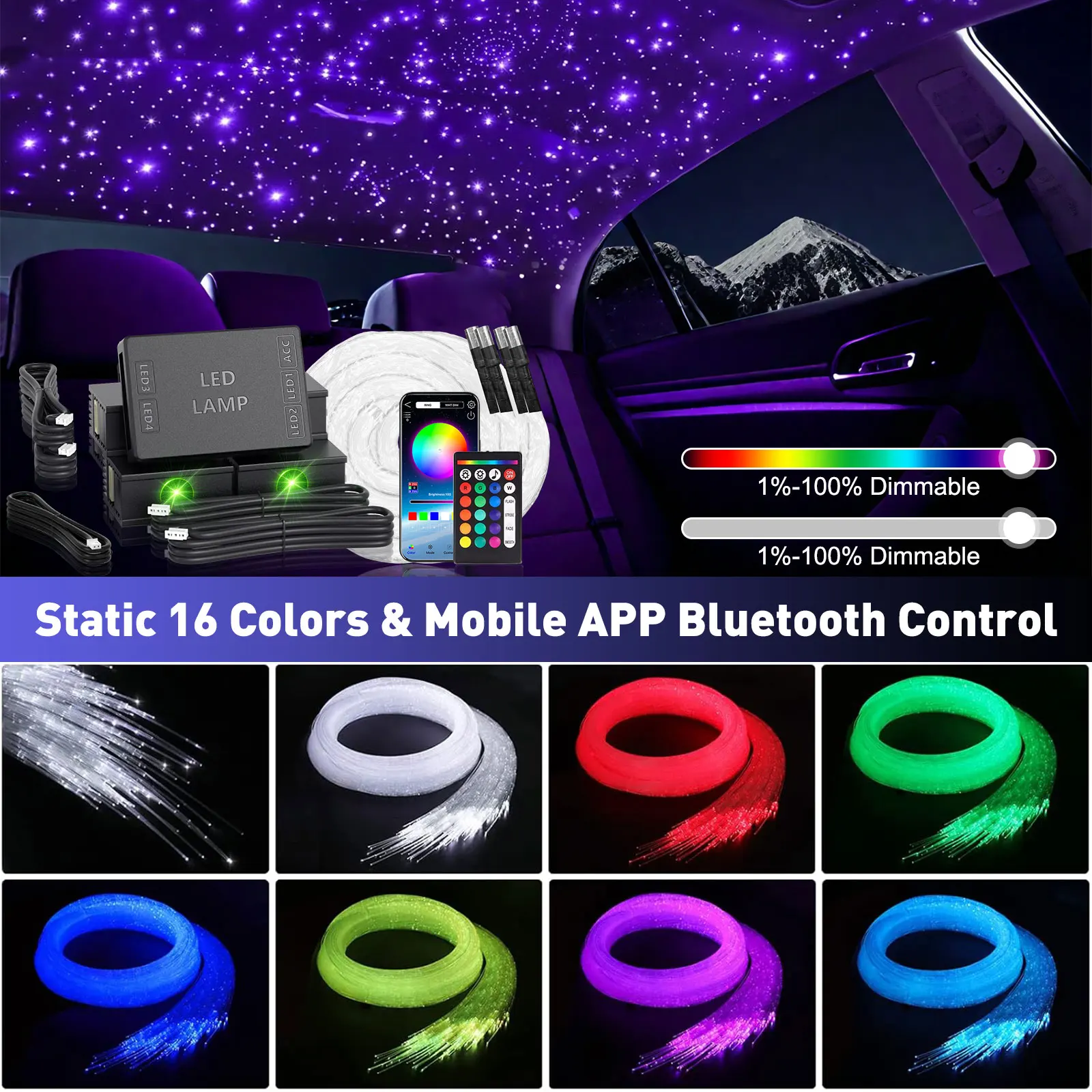 2025 New RGBW DC12V 16W 1/2/4Split Starry Sky Atmosphere Light APP Control Fiber Optic Car Starry Sky Ceiling Roof kits Interior