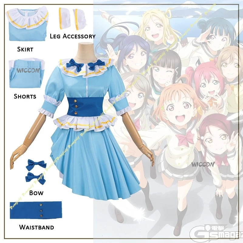 ¡Ama vive! Disfraces de Cosplay, vestido azul para niñas, bonito lazo, cinturón, guante, accesorio, pantalones cortos Aqours, adorno para piernas, Navidad y Halloween