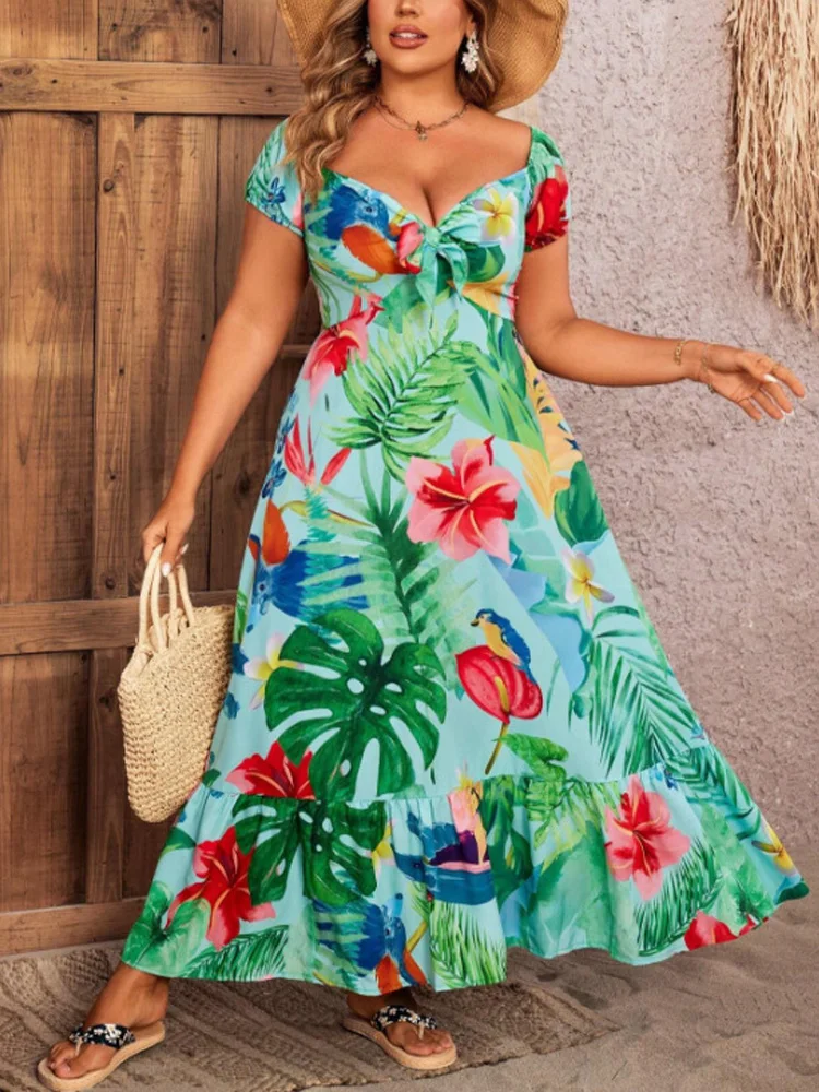 GIBSIE Plus Size Sweetheart Neck Knot Front Ruffle Hem Dress Women Summer Tropical Print Beach Vacation A-line Maxi Dresses