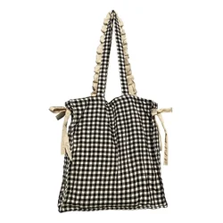Women Bag 2022 Spring New Casual Cotton Ruched Plaid Zipper Soft High-Capacity Shoulder Bag Handbags Shopping Bag Mori Girl
