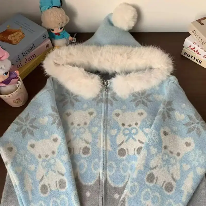

Cute Autumn Winter Girls Zipper Coat with Fur Collar Y2K Woman Loose Hooded Jacket Soft Sweet Sweater High-Quality Knit Cardigan