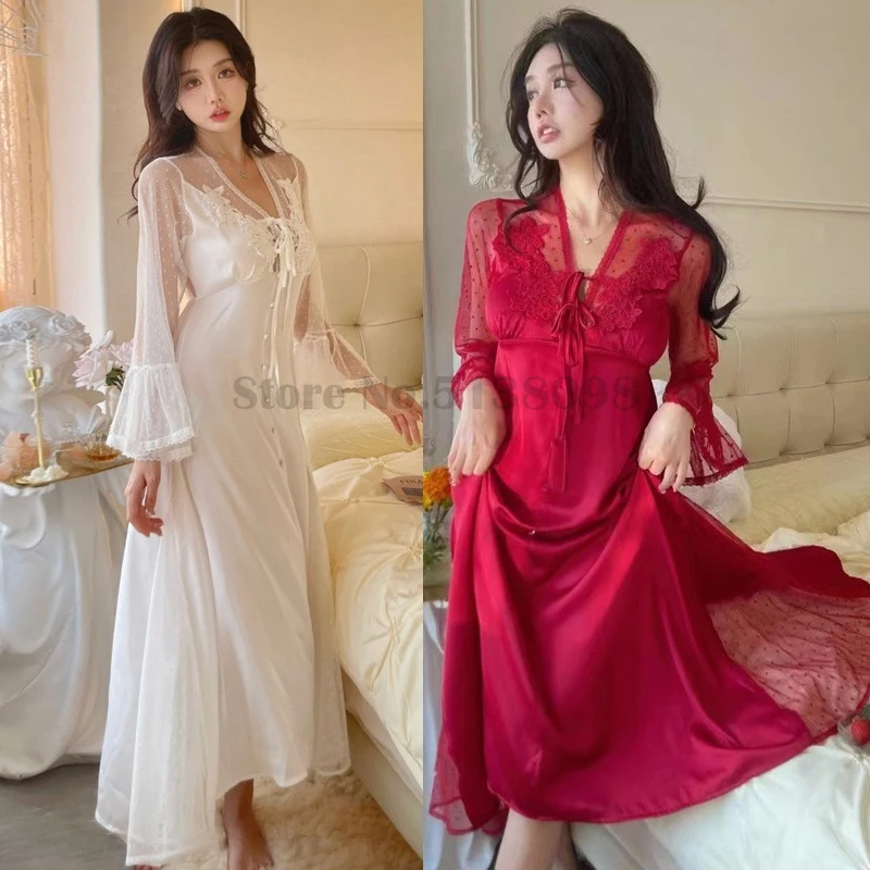 Ice Silk Nightgown Female Summer Sexy Lace Hollowed Out Long Dress Palace Style Home Clothes Solid Color Satin V-Neck Nightdress