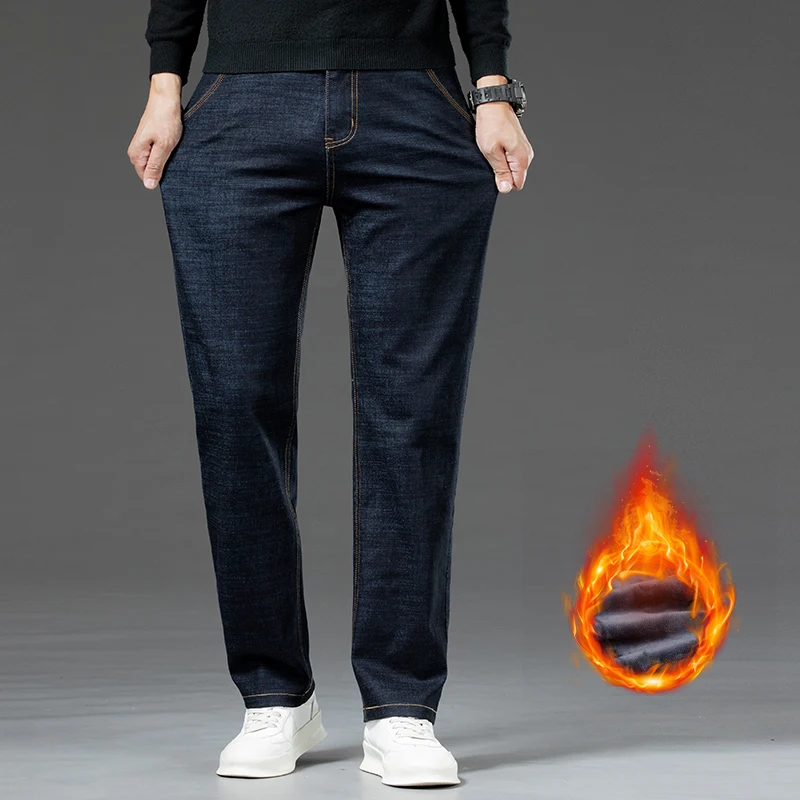 Winter Velvet Warm Jeans Men's Business Thick Work Pants Fashion High Waist Stretch Wool Straight Pants Brand Men's Hot Pants