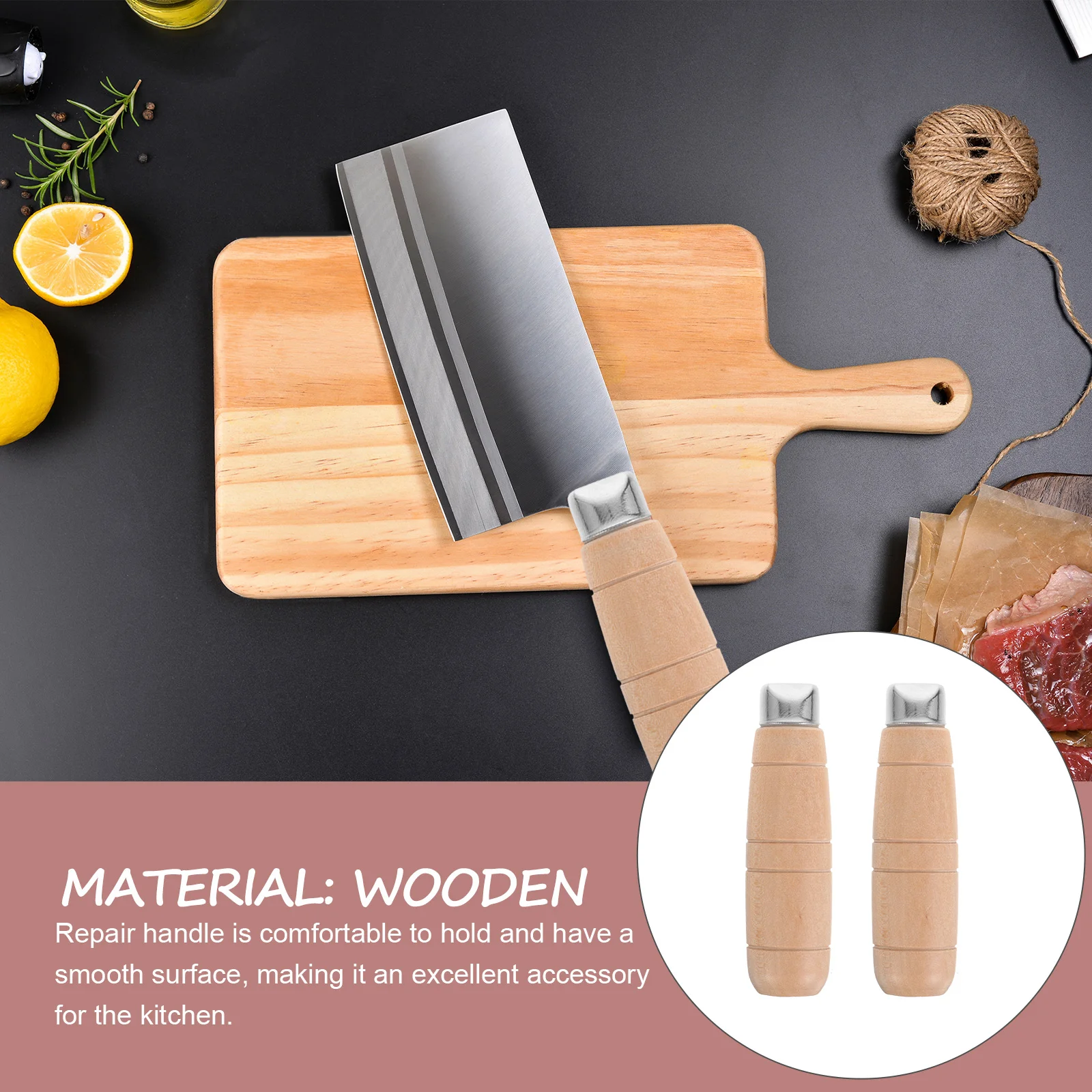 

2Sets Natural Wood Cutter Handle Stable Non-Skid Kitchen Replacement Handle Grip for Chef Vegetable Cutter Nonslip Hand Grip