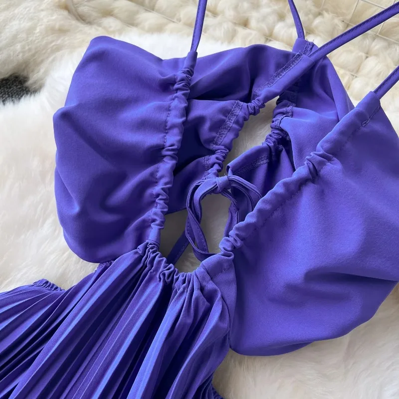 Sexy Hollow Out Halter Backless Slip Dress Chic Vintage Evening Party Club  Women Chic Summer Sweet Beach Pleated Long Dresses