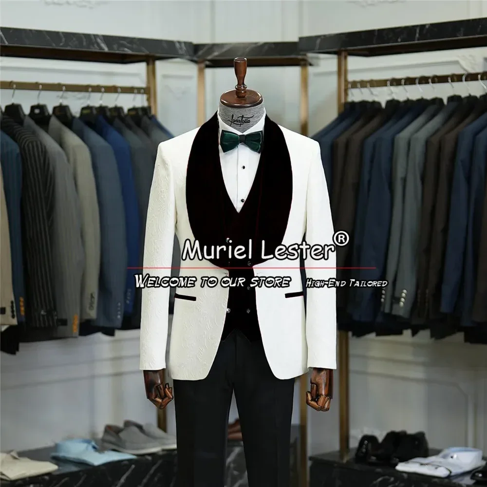

Luxury GREEN Wedding Suits For Men Jacquard Blazer Pants Sets 3 Pieces Male Fashion Groom Man Tuxedos Fit Slim Banquet Clothing