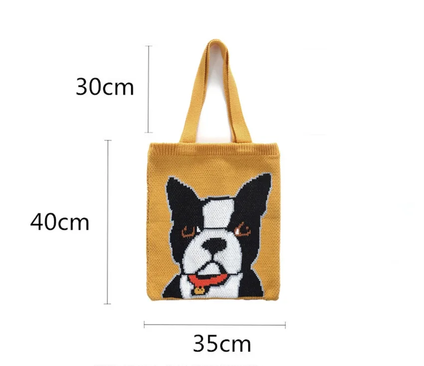 Teenager Cute Kawaii Knitted Top-handle Tote Bag Female High Street Ins Fashion Pet Dog Animal Pattern Soft Open Shopper Handbag