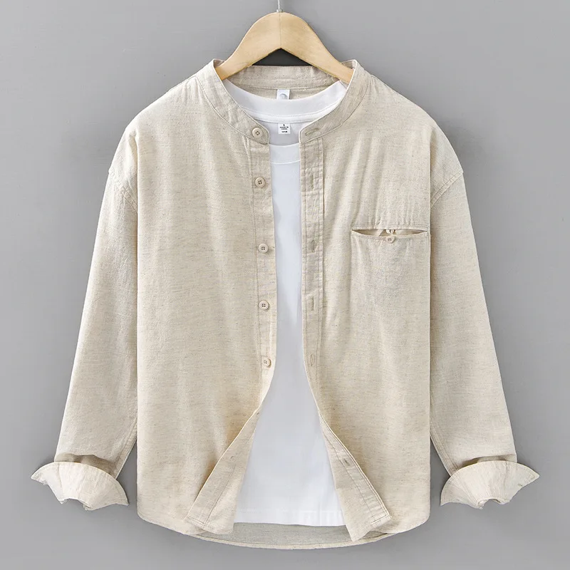 Lente en zomer casual, veelzijdig overhemd met opstaande kraag voor heren, artistieke herenkleding, top in Chinese stijl, overhemd met lange mouwen