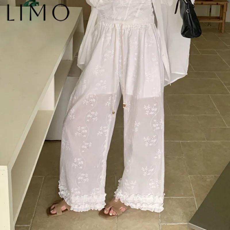 

LIMO Elegant Floral Embroidery Wide Leg Pants Women Boho Lace Trim Hollow Out Design Loose Casual Palazzo Trousers Comfort