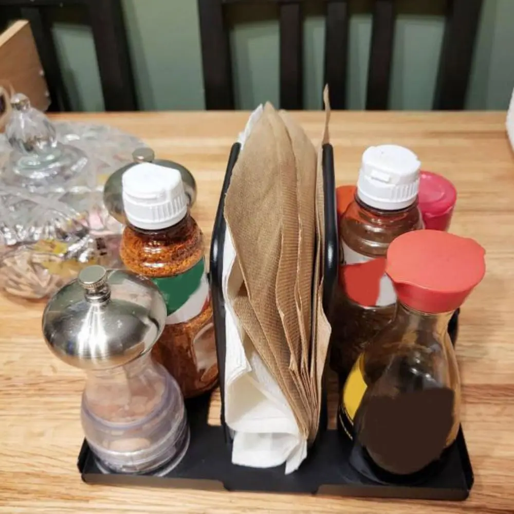 

Simple Metal Napkin Holder Space Saving Anti-slip Spice Bottle Storage Tray Black Kitchen Storage Rack Table