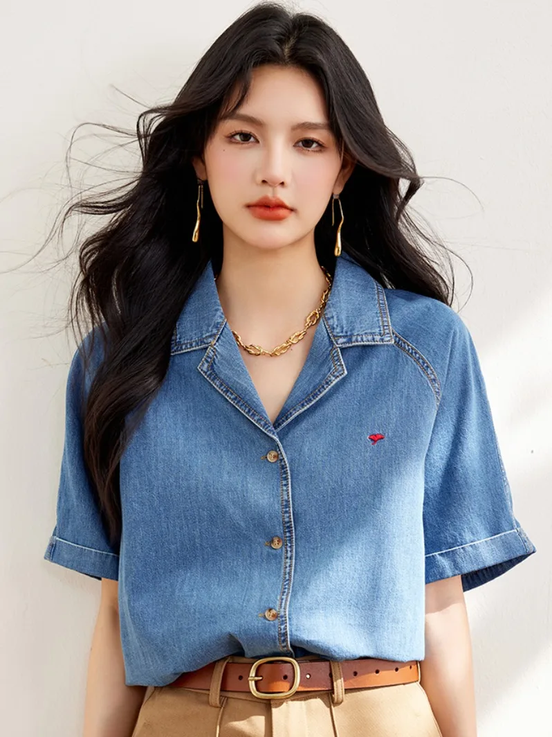 

Summer Vintage ort Sve Embroidered Denim Open Cardigan Women's irt Thin Outerwear Top Casual Loose Fit Button Detail