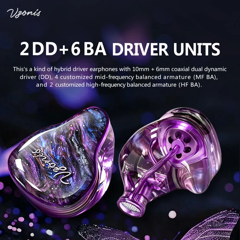 Vzonis VP-08 High Resolution HiFi IEMs 2 DD(10+6mm)+6 BA Hybrid Driver Professional Audiophile In Ear Earphones Monitor Earbuds