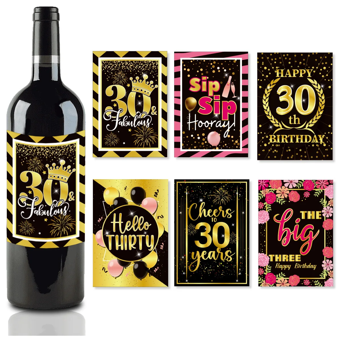 6pc 30th 40th 50th 60th happy birthday wine bottle label sticker black gold drink sticker adult anniversary birthday party decor