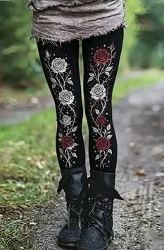Women's Punk Skull Leggings Black Moon Phase Flame Print Stretchy Slim Fit Pants Gothic Dark Skinny Trousers