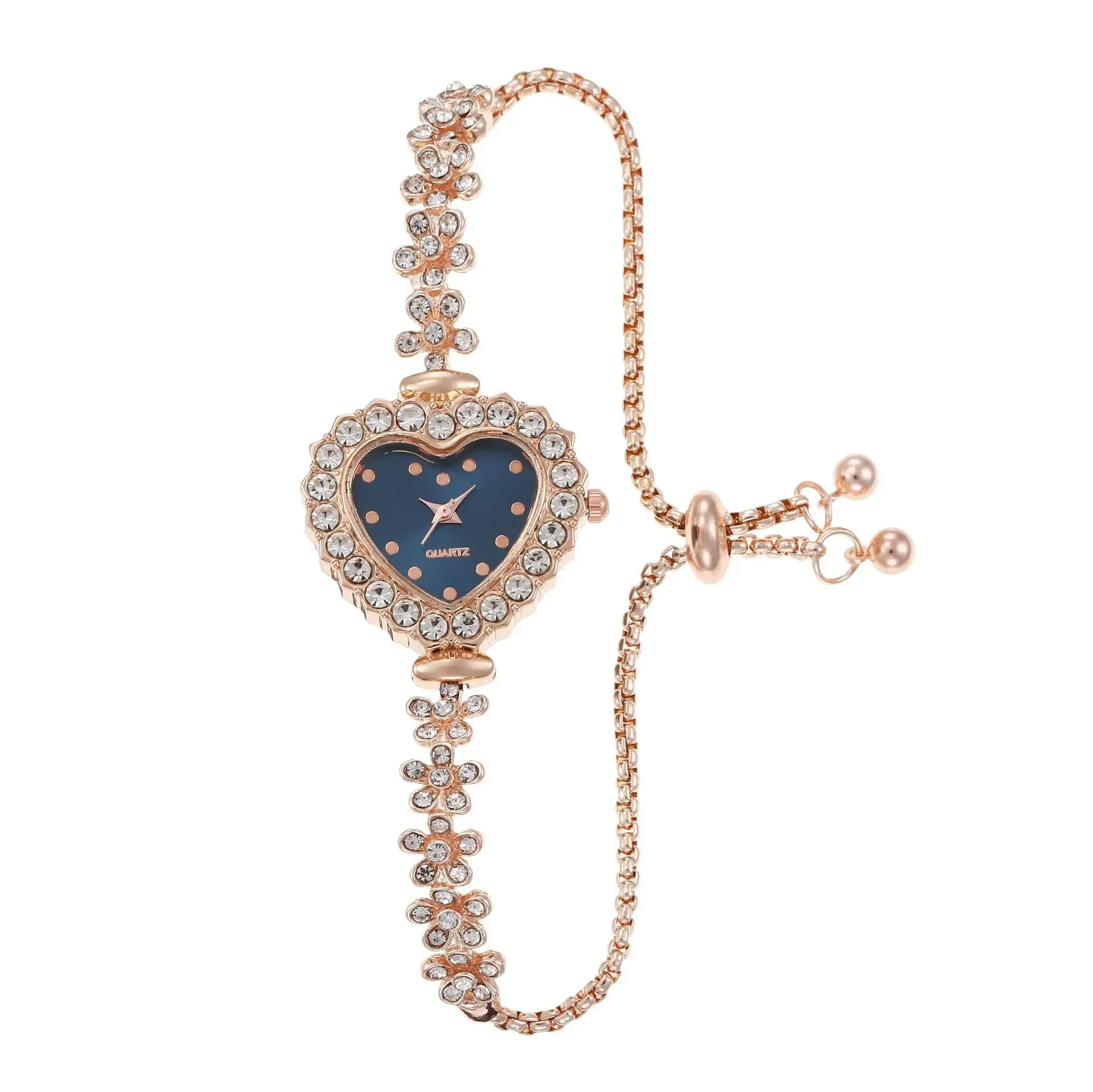 New fashionable floral bracelet with diamond inlaid heart colored dial for women's atmospheric and versatile self adjusting stra