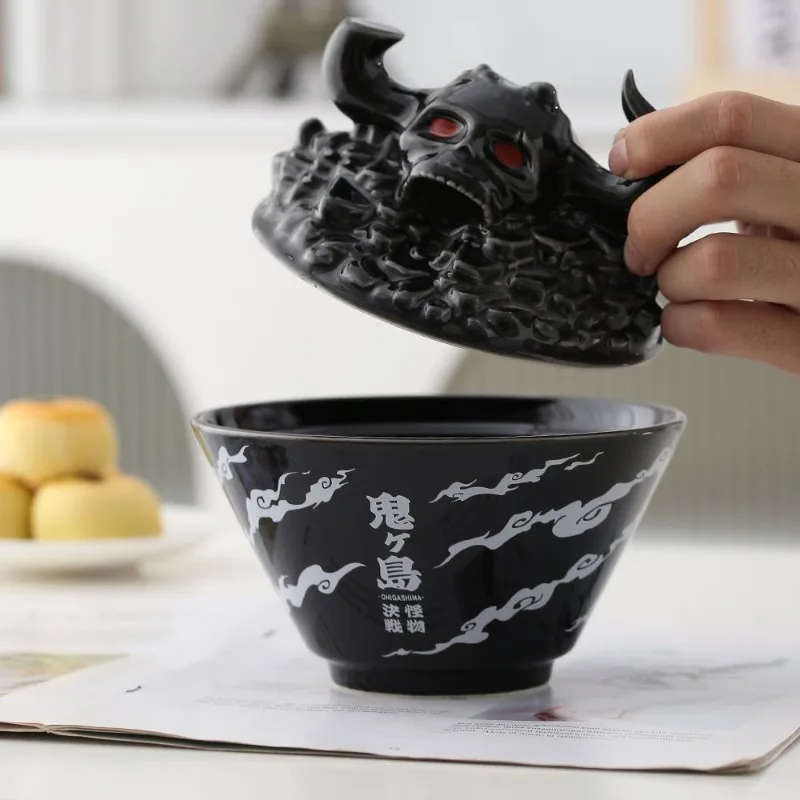 

New One Piece Anime Surrounding Luffy Island Kaido Ceramic Noodle Bowl Anti-scalding with Lid Household Eating Bowl Holiday Gift