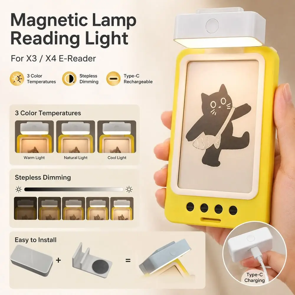 Magnetic Lamp Body Reading Light Supports 3‑color Temperature Modes Type‑C Charging LED Lamp Stepless Dimming for XTEINK X3 X4