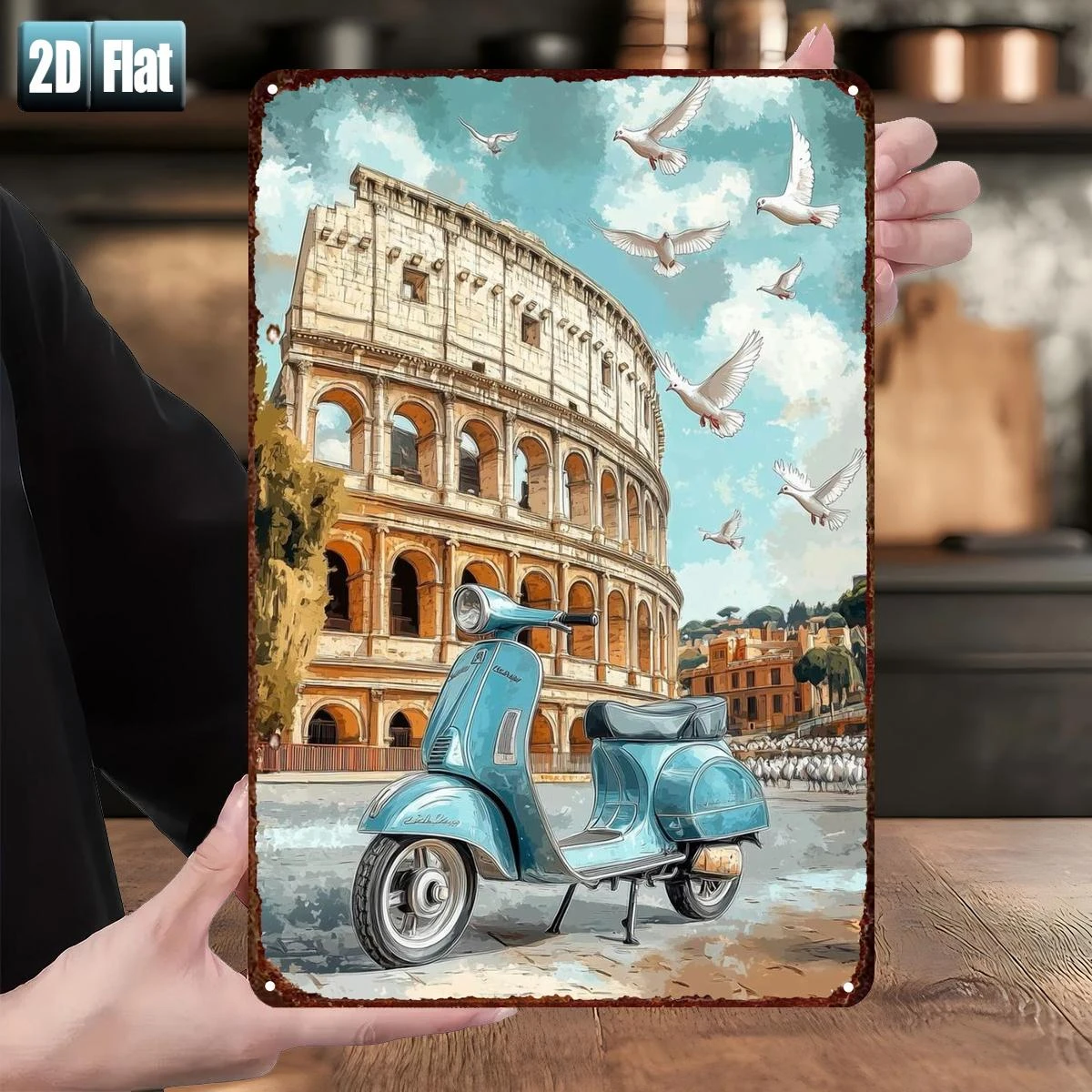 2D Flat, [2D Flat] 1pc Italian Rome-Themed Vintage Scooter & Colosseum Metal Tin Sign Wall Decor - Retro Rome Landmark Suitab