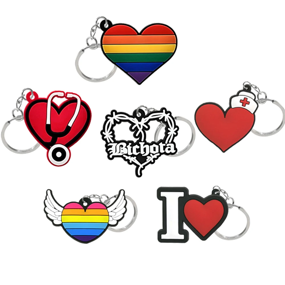 1PCS Sweet PVC Keychain Rainbow Heart Key Ring Fittings Girl's Funny Gifts Key Chain for Satchel Bags Accessories for Women Kids