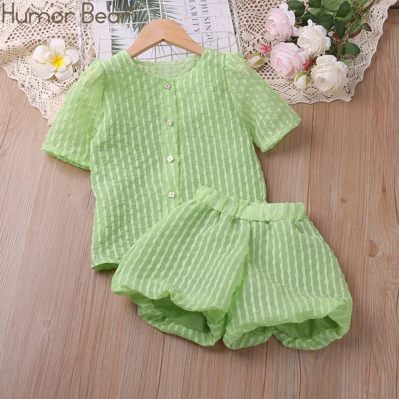 Humor Bear Girls Clothing Set Summer Green Casual Set Lace T Shirt and Pants 2pcs Children Clothes Kids Set