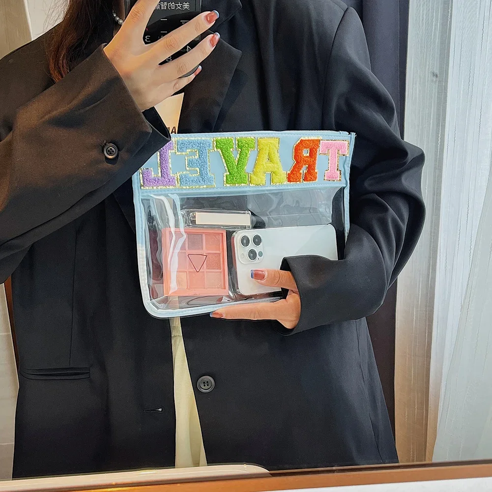 Letter Patches Transparent PVC Bag Cosmetic Bag Clutch Clear Travel Make up Cosmetic Bag Pouches Snack Stuff Makeup Toiletry Bag