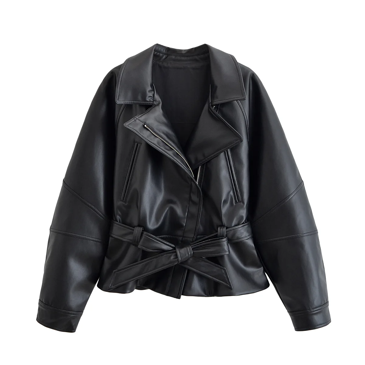 

Woman's Faux Leather Peplum Jacket with Belt Lapel Long Sleeves Zip Pockets Solid Cropped Motorcycle Jacket Coat Autumn Chic Top