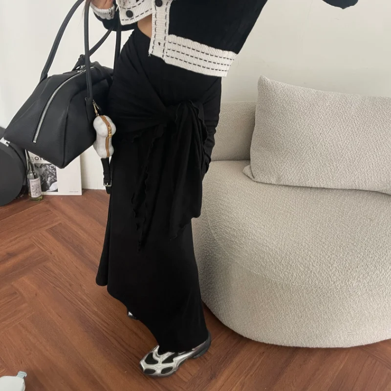 High Waist Asymmetrical Midi Skirt with Wood Grain  Korean Style Fashionable Versatile Wrap Style Women's Skirt