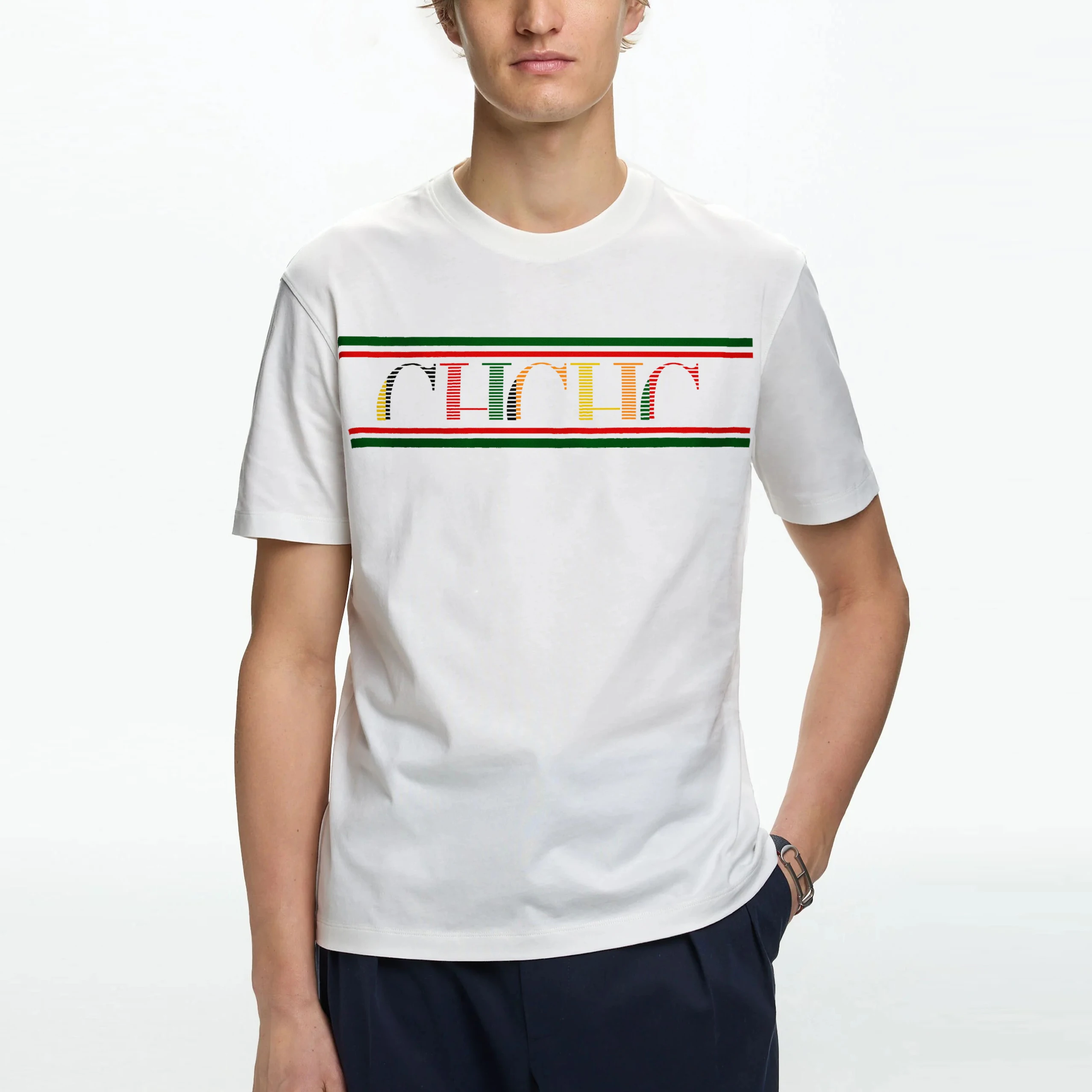 

CH Fashion Short Sleeves Pure Cotton Round Neck Letter Design Unisex Short Sleeves New Commuter Versatile Men's Classic Top