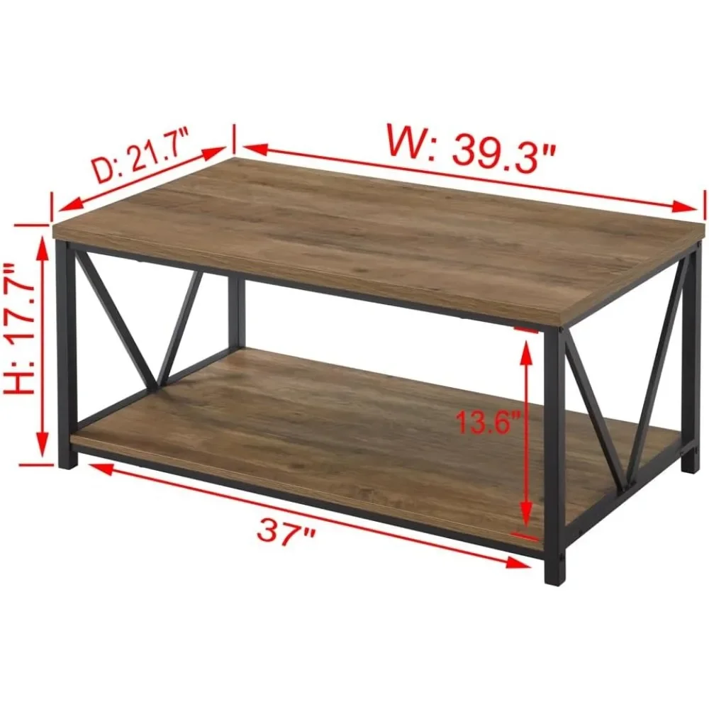 Mesa de café com prateleira de armazenamento, Metal industrial e madeira, mesa de sala, mesa retangular pequena, moderna