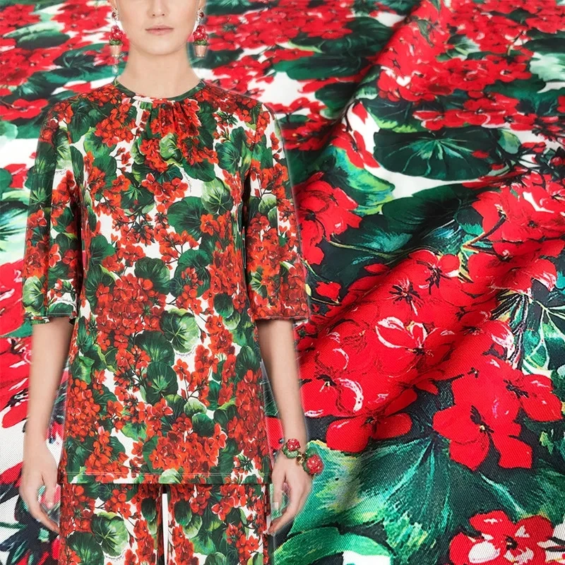 

Geranium Flower Printed Satin Or Twill Fabric For Women Summer High-end Custom Dress Blouse DIY Cloth Sewing Material
