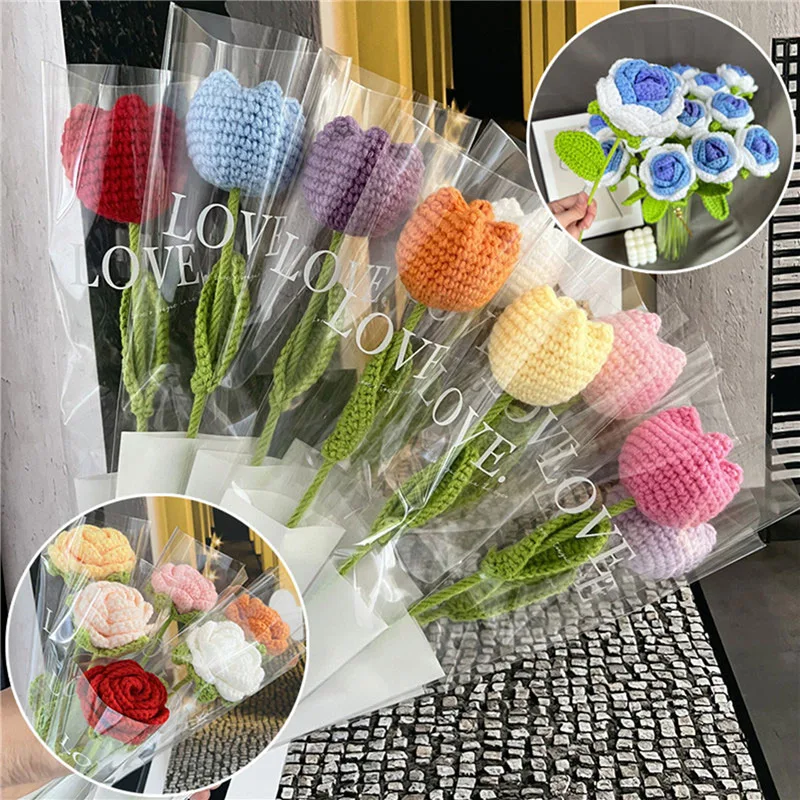 1pcs Knitting Flower Rose Tulips Daisy Single Bouquet Simulation Flower Home Decoration Wedding Hand-Knitted Crochet Fake Floral