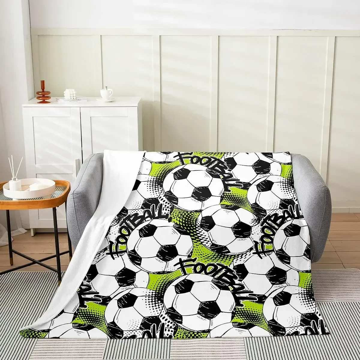 

D Football Lightning Fleece Blanket Watercolor Modern Soccer Ball Bed Blanket for Adults Teens Sports Games Hobby