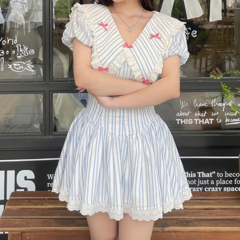

Sexy Sweet Girl Ruffle Lace Collar Bow Stripe Mini Dresses Summer Women's Dress Skinny High Waist Short Puff Sleeve Dress Women