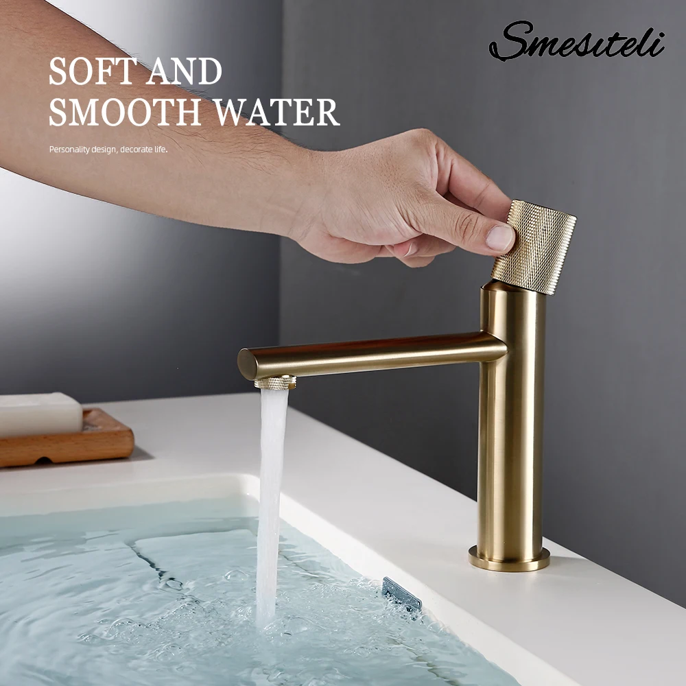 Knurled Faucet Brushed Gold Basin Faucet Bathroom Taps Single Handle Hot and Cold Sink Mixer Knurled Basin Faucet