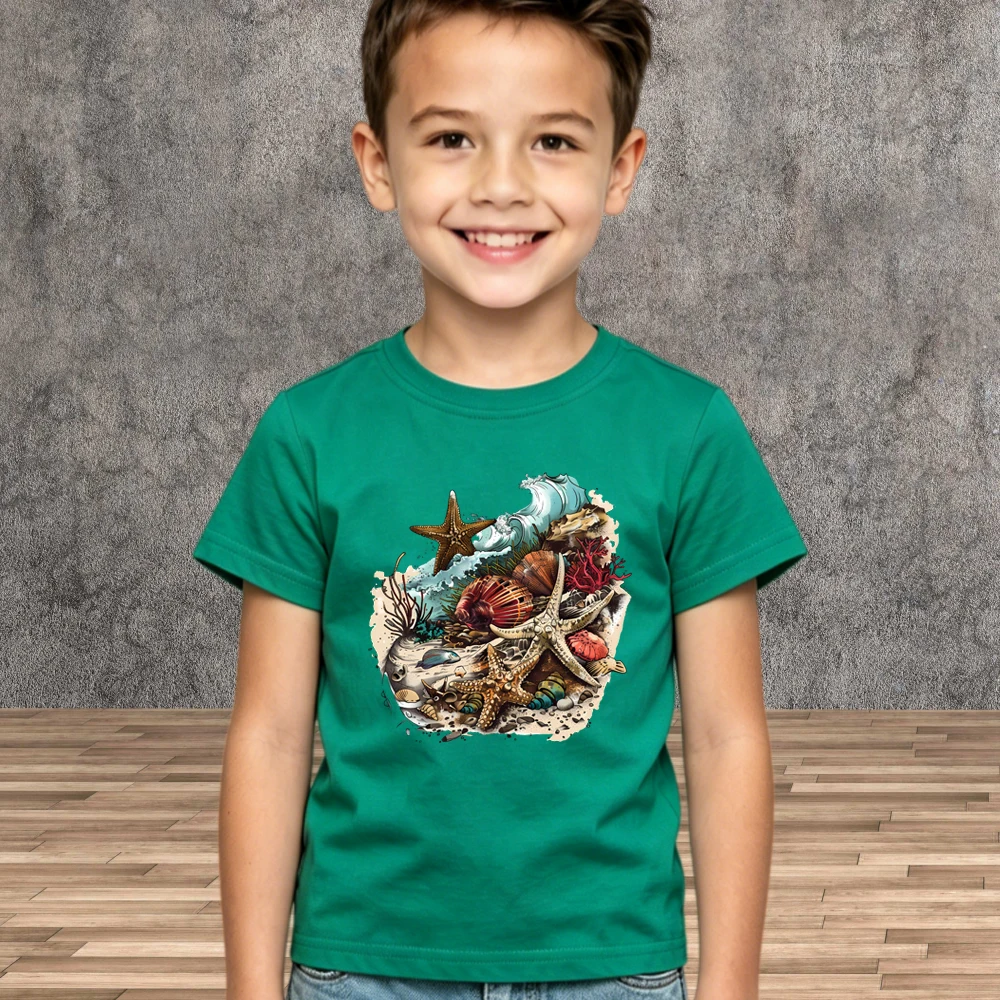 New Summer 2026 Boys Girls T-Shirt Beachcombing Colorful Marine Life Print Short Sleeve Children Casual Tees