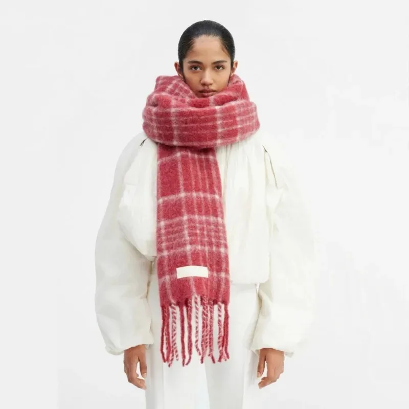 JAC @ LUXURY-Camel Wool Scarf for Women, Retro Ankora Red Plaid Shawl, Extended Warm Wool Scarf, Autumn and Winter New Style