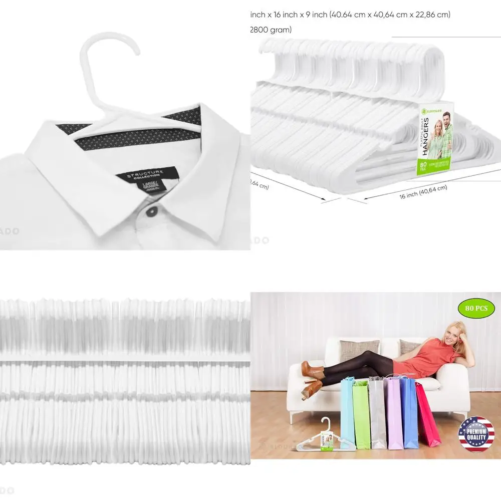 

Белые пластиковые вешалки, упаковка из 80 штук, подходят для стандартной одежды для взрослых: рубашки, платья, куртки и многое другое.