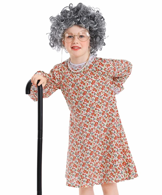 

Платье с цветочным принтом для девочек, карнавальный костюм бабушкины на Хэллоуин для детей, нарядное платье для старых женщин, парик, очки-костыли