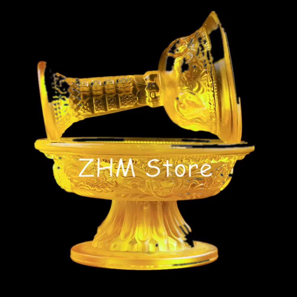 13.5cm Yellow Resin Eight Auspicious Symbol Sacrificed Cups Set, Tibetan Buddhist Putting Decorate Ornaments