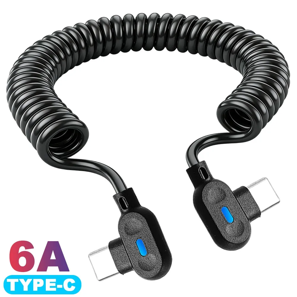 6A Type C To Type C Fast Charging Spring Data Cable USB C Elbow Wire for Samsung Huawei  IPhone 15 16 17 Phone Charger Sync Cord
